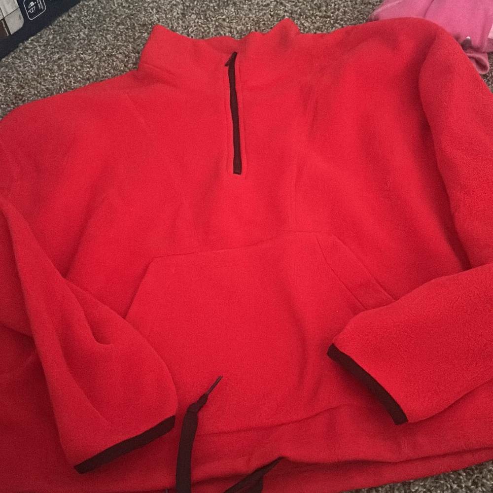 PINK Red Fleece Pullover with Black Trim